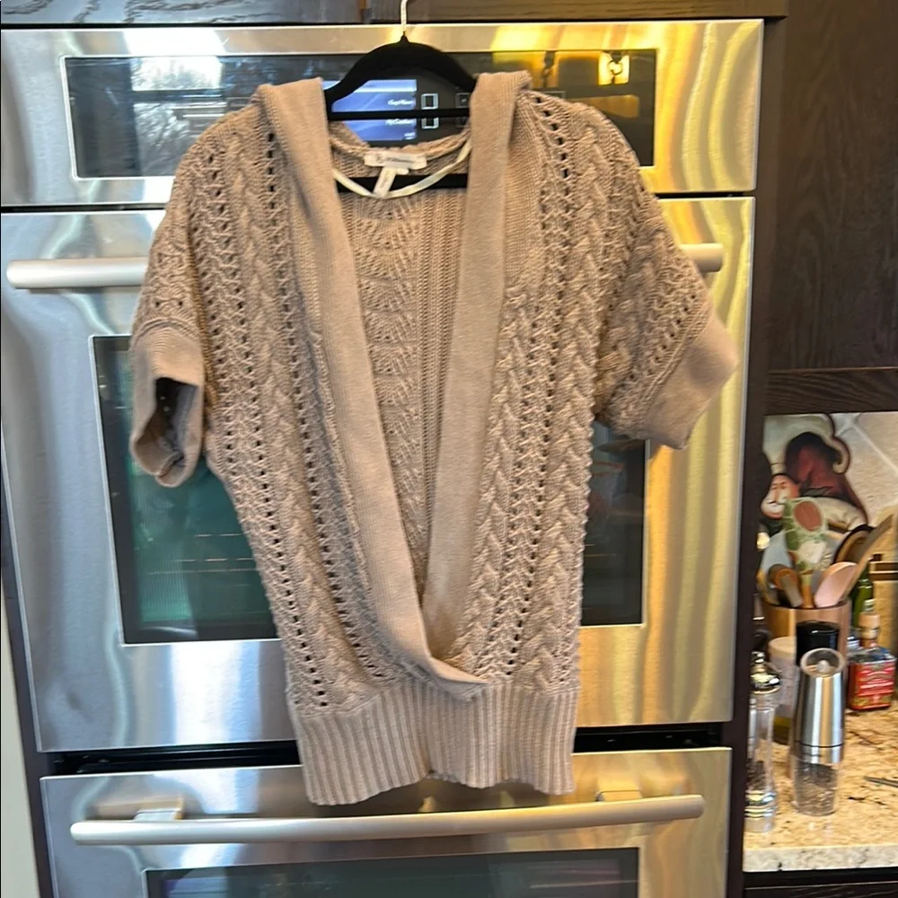 BCBGeneration Taupe Open-Knit Short Sleeve Cardigan